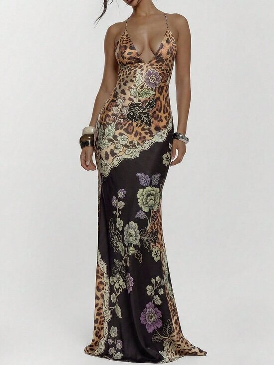 Dresses & Skirts - multicolor Lace-Up Women's Fitted Animal Print Maxi Dress